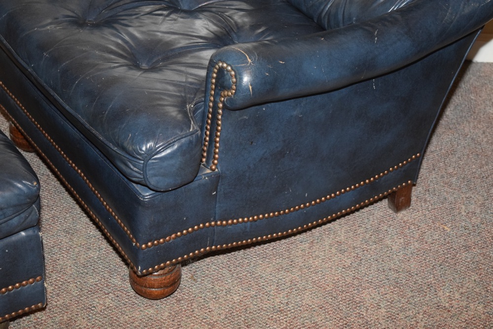 Blue Leather Upholstered Tufted Club Chair and Ottoman