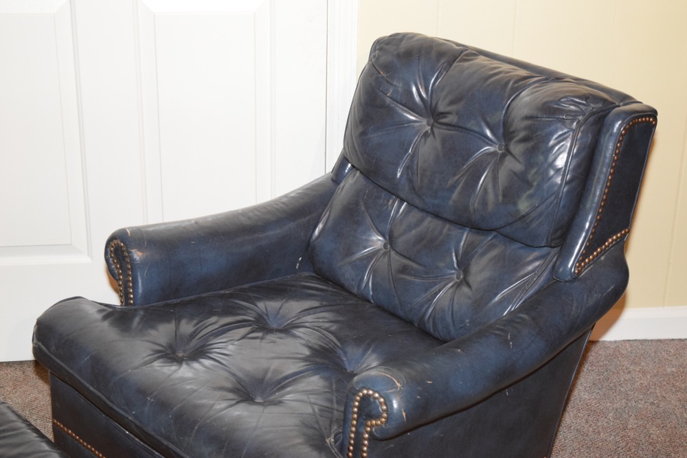 Blue Leather Upholstered Tufted Club Chair and Ottoman