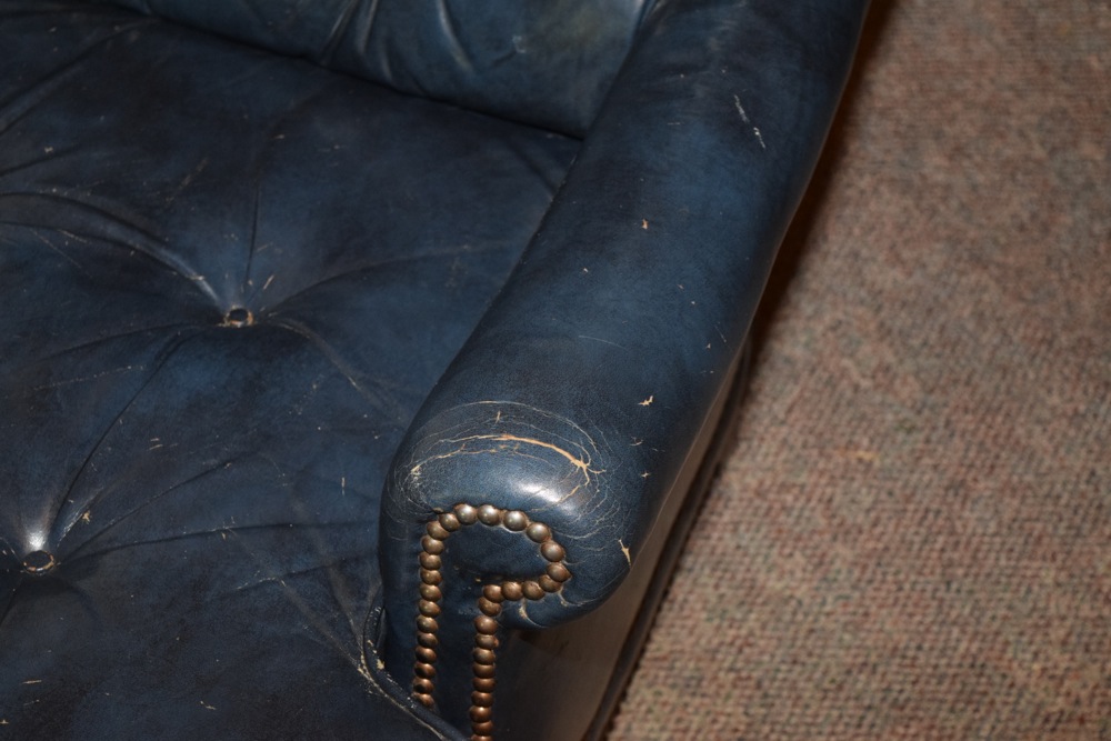 Blue Leather Upholstered Tufted Club Chair and Ottoman