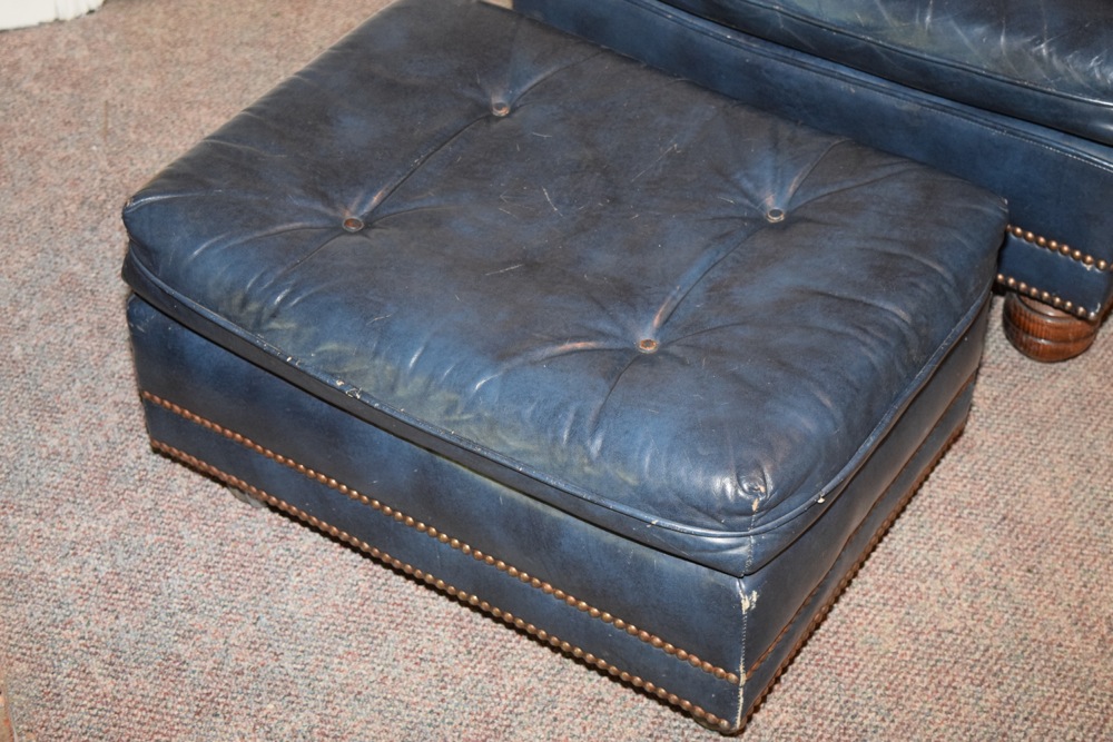 Blue Leather Upholstered Tufted Club Chair and Ottoman