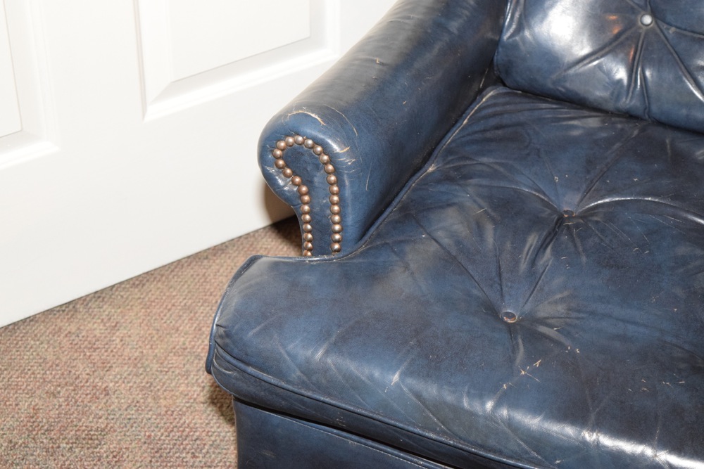 Blue Leather Upholstered Tufted Club Chair and Ottoman
