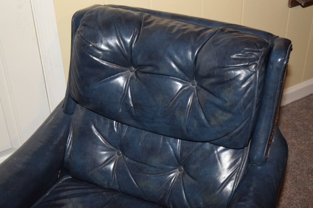Blue Leather Upholstered Tufted Club Chair and Ottoman