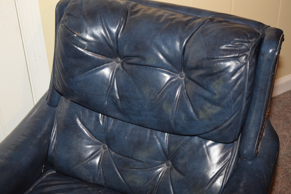 Blue Leather Upholstered Tufted Club Chair and Ottoman