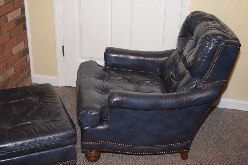 Blue Leather Upholstered Tufted Club Chair and Ottoman