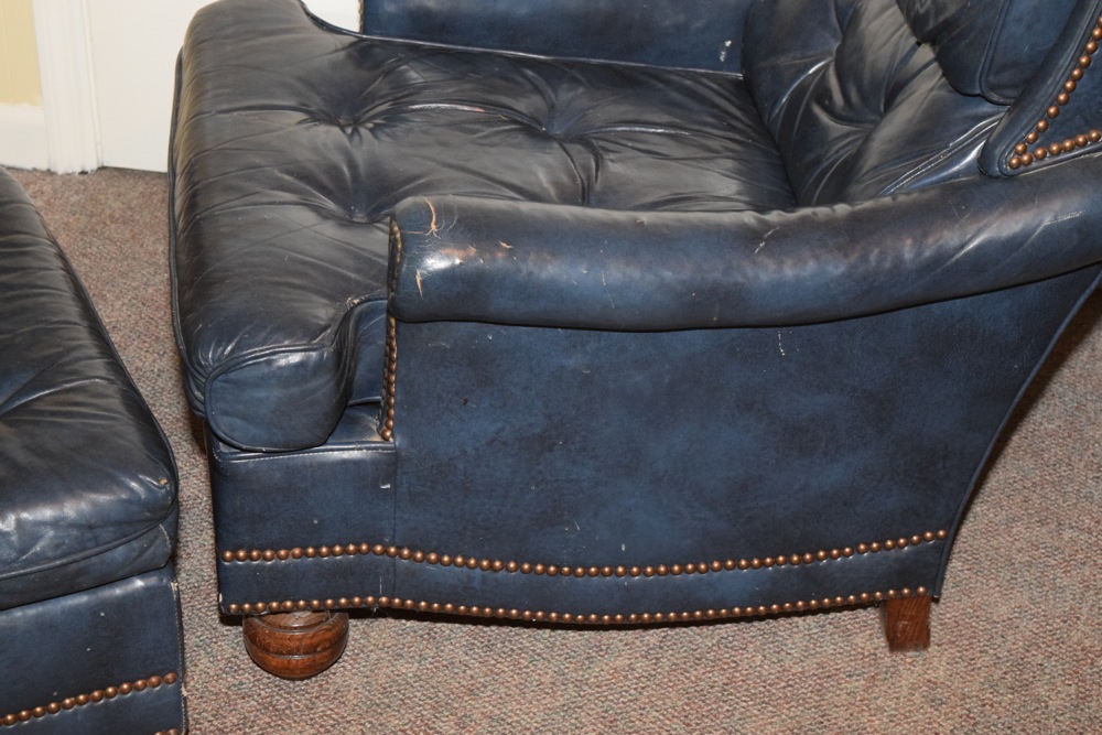 Blue Leather Upholstered Tufted Club Chair and Ottoman