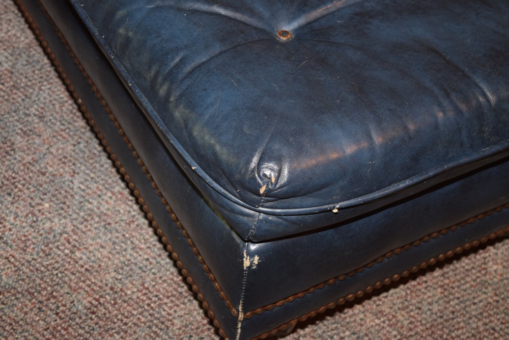Blue Leather Upholstered Tufted Club Chair and Ottoman