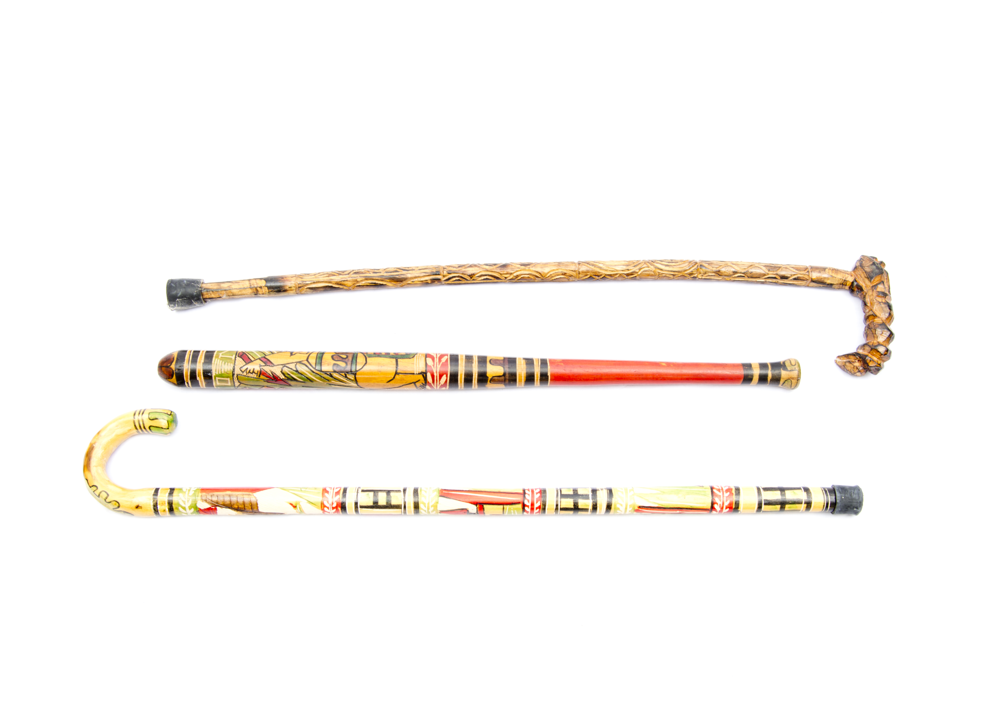 Two Mexican Hand-Carved Wooden Canes and Bat