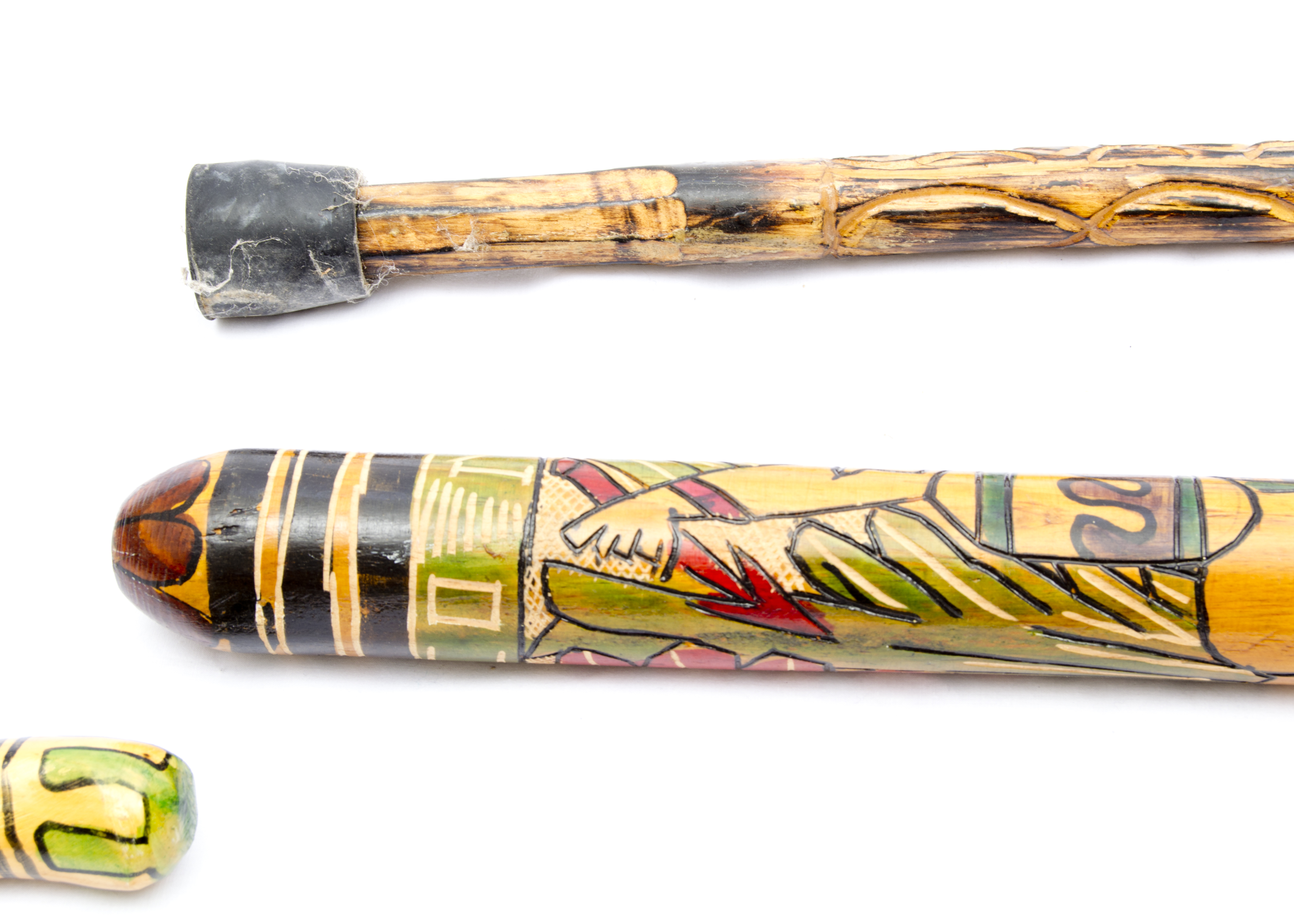 Two Mexican Hand-Carved Wooden Canes and Bat