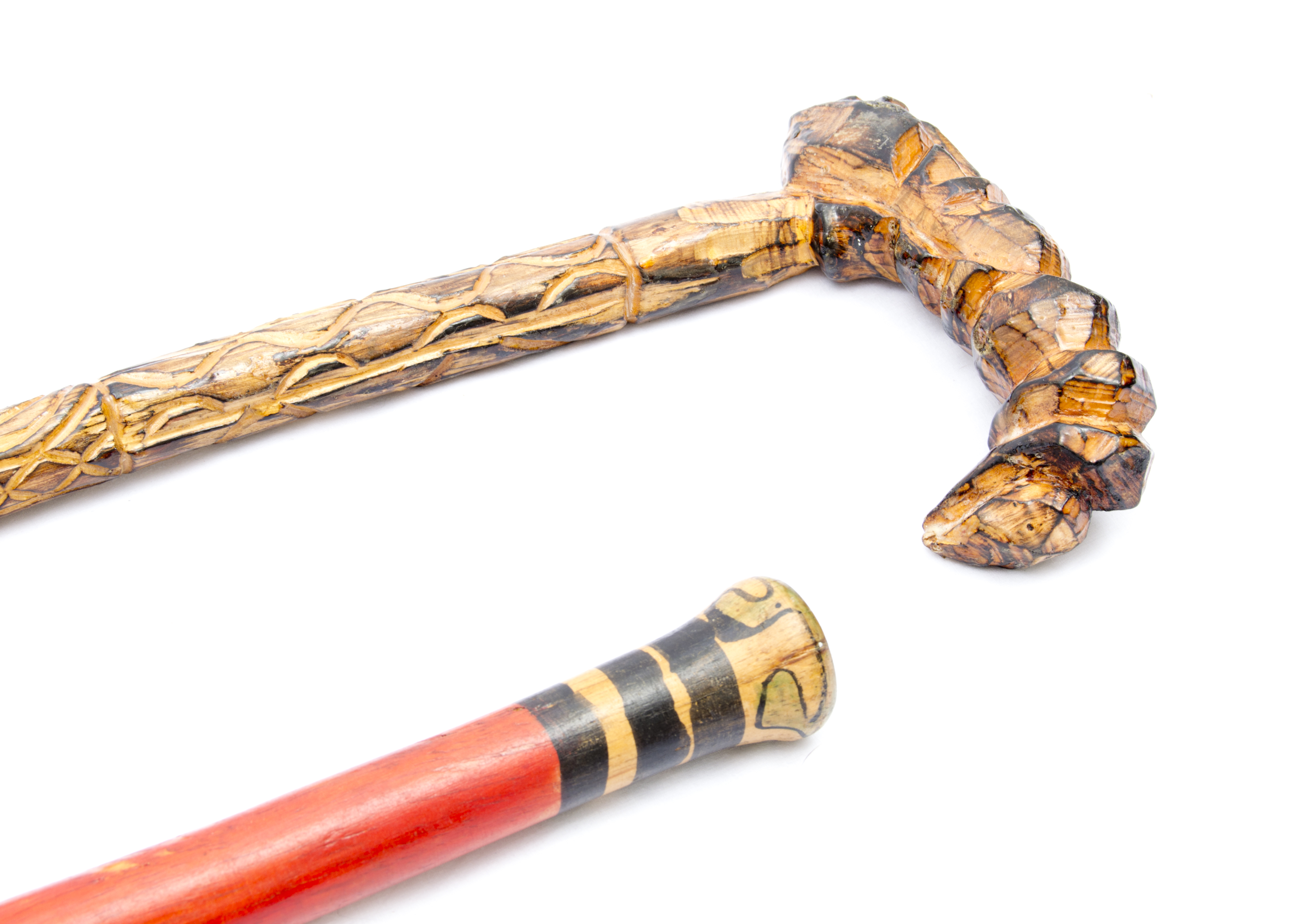 Two Mexican Hand-Carved Wooden Canes and Bat