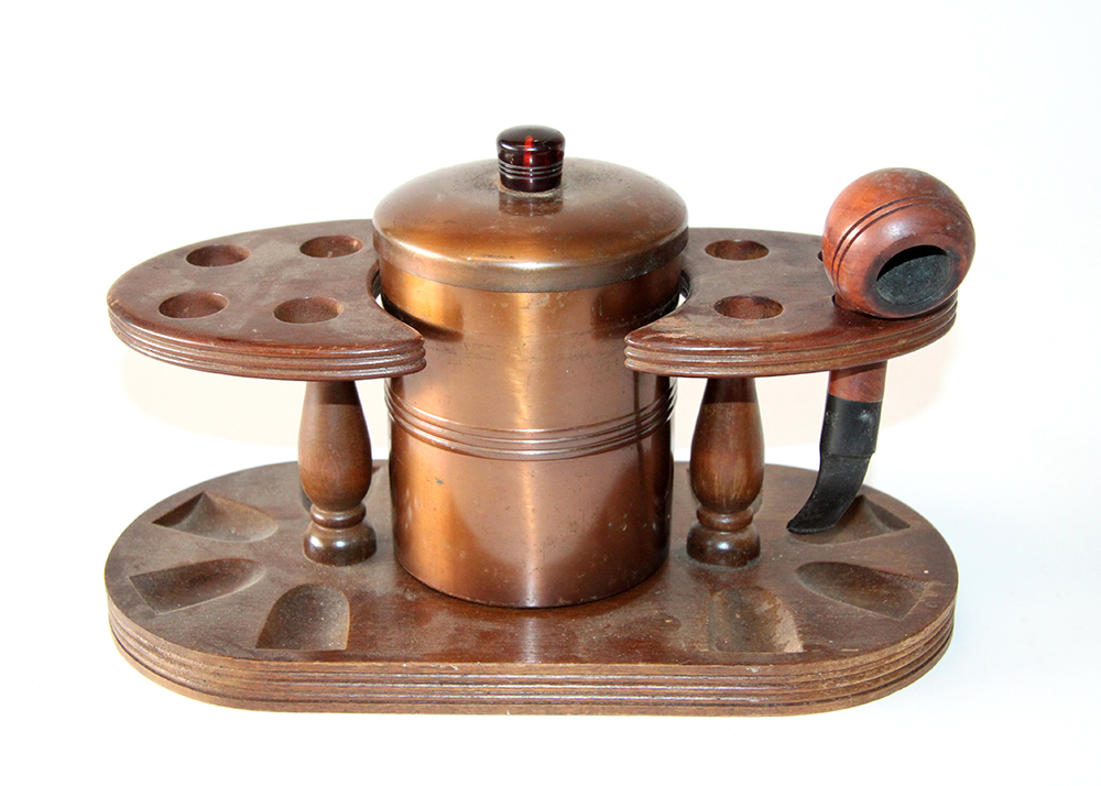 Vintage Pipe and Holder With Copper Tobacco Tin