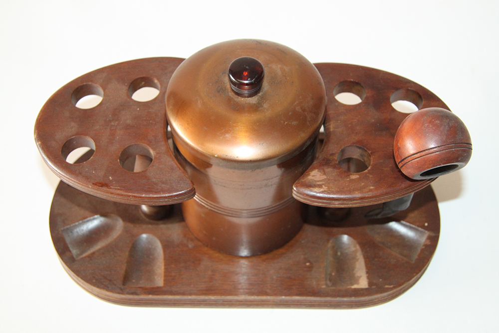 Vintage Pipe and Holder With Copper Tobacco Tin