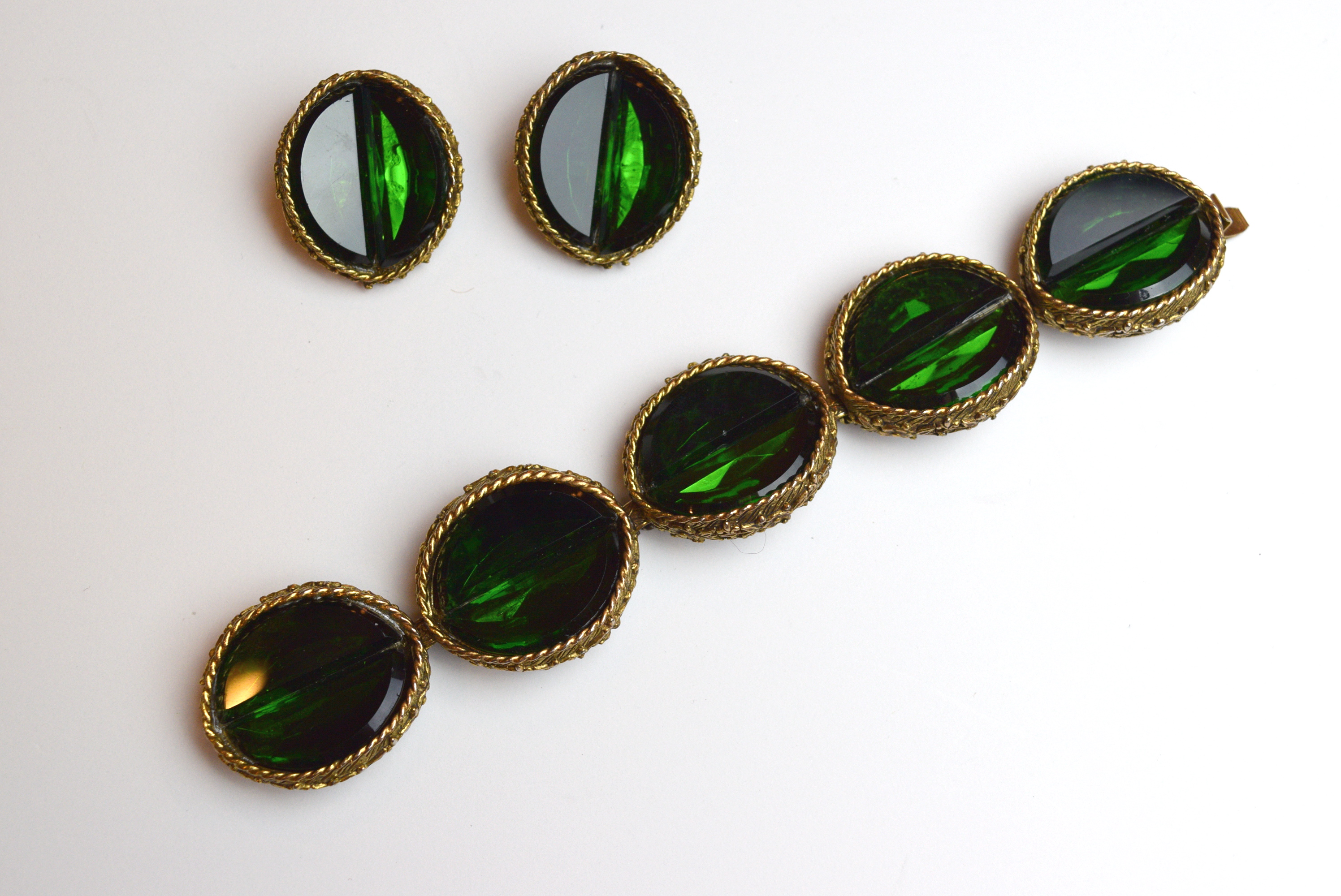 Vintage Green and Gold-Tone Costume Bracelet and Earrings Set