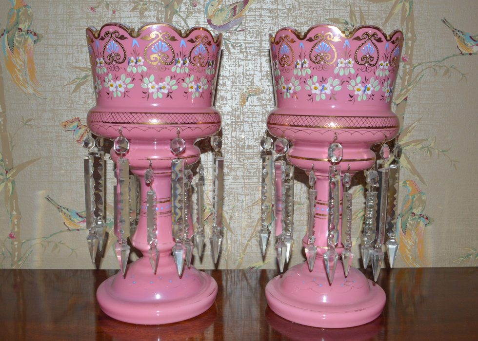 Pair of Antique Bohemian Pink Glass Lustre Lamps