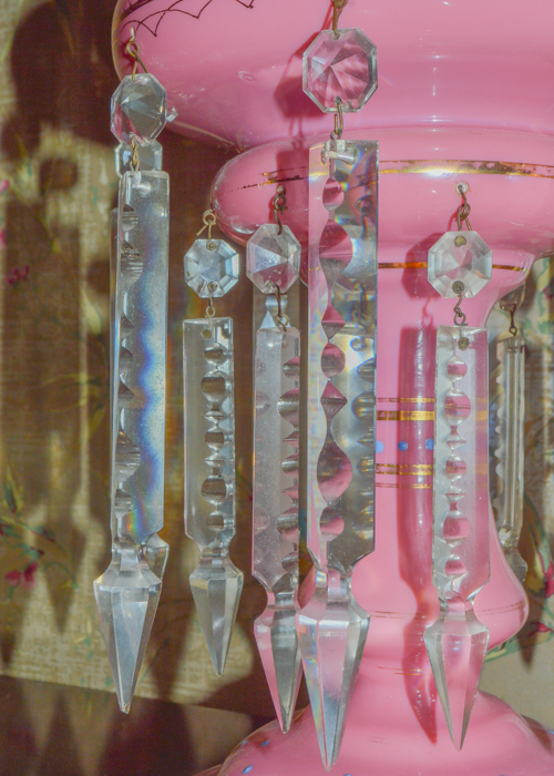 Pair of Antique Bohemian Pink Glass Lustre Lamps