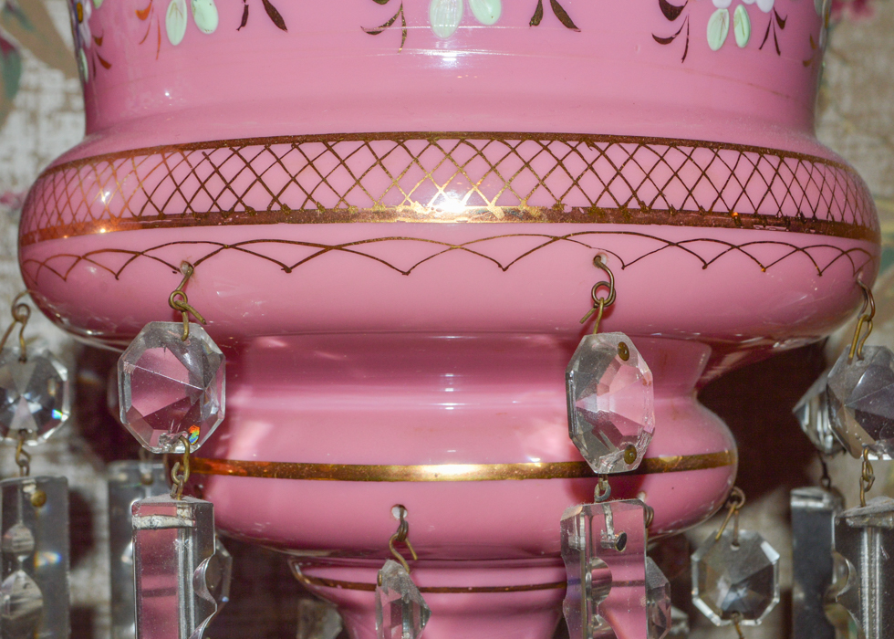 Pair of Antique Bohemian Pink Glass Lustre Lamps