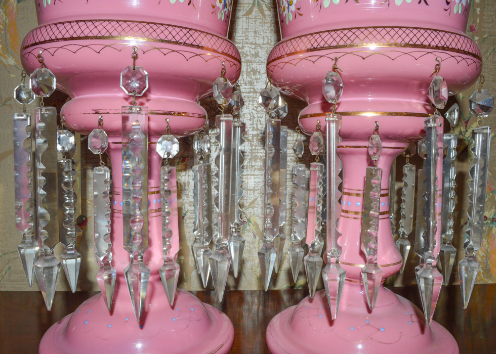 Pair of Antique Bohemian Pink Glass Lustre Lamps