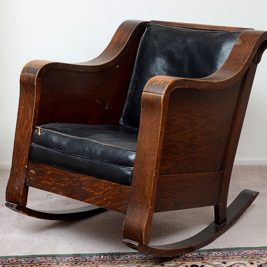 Antique Wood and Leather Rocking Chair