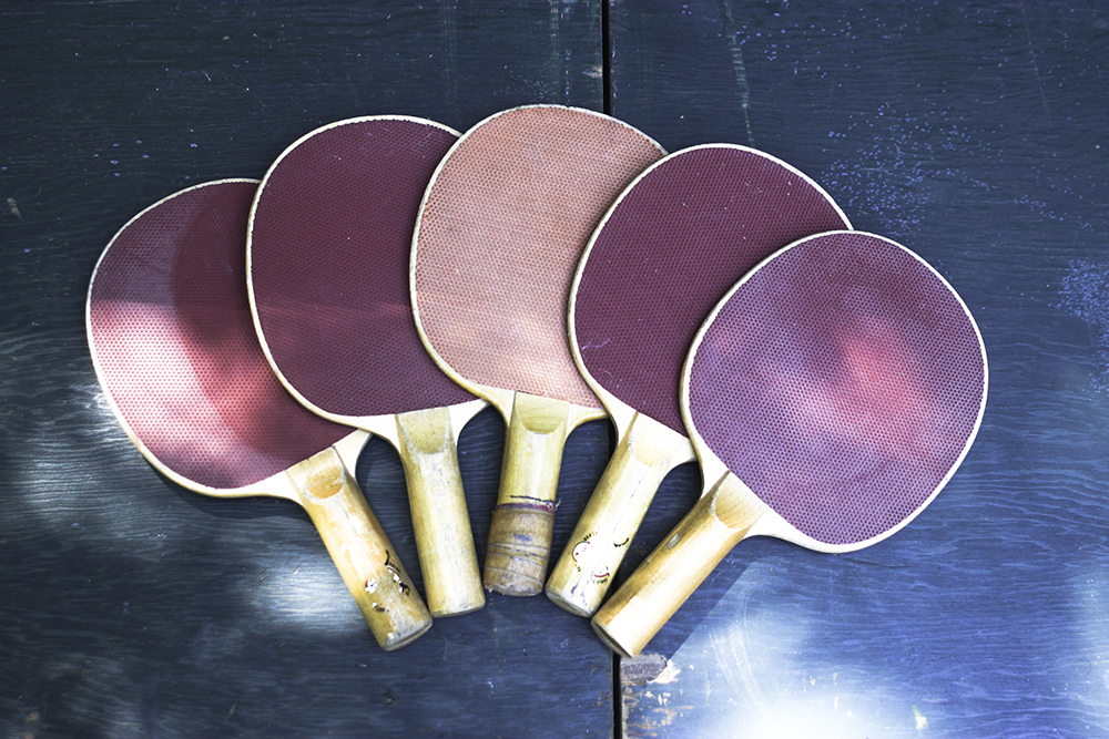 Vintage Wooden Ping Pong Table and Paddles