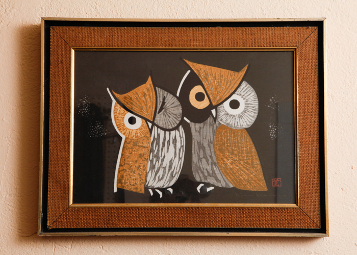 Vintage Japanese Woodblock of Owls