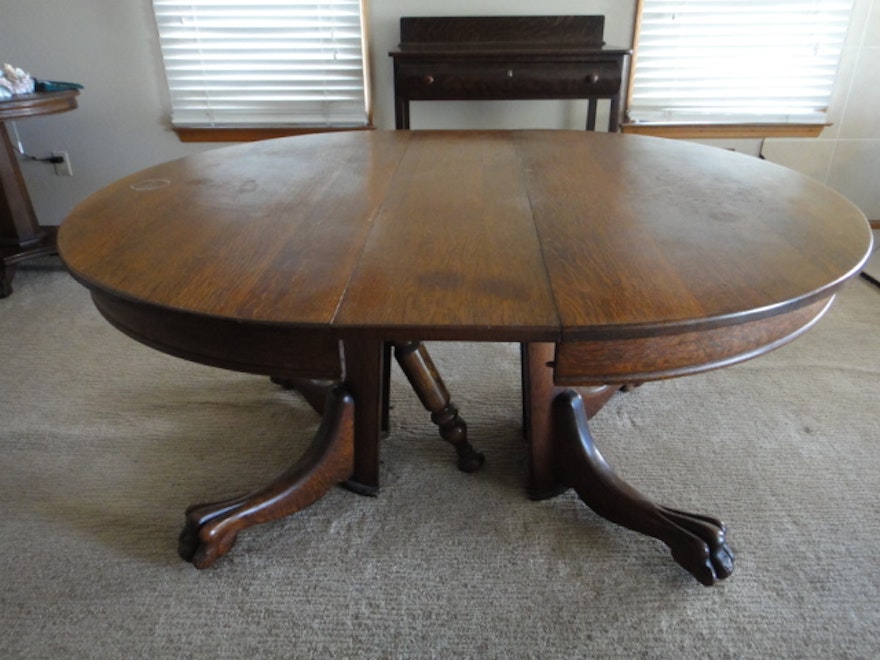 Antique Quarter Sawn Oak Pedestal Dining Table