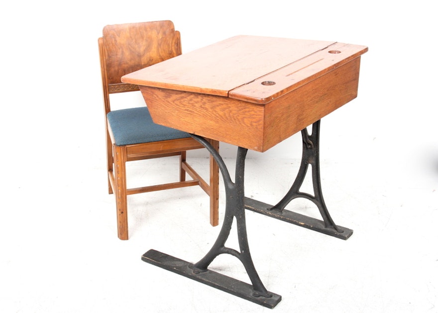 Vintage Flip-Top School Desk and Chair