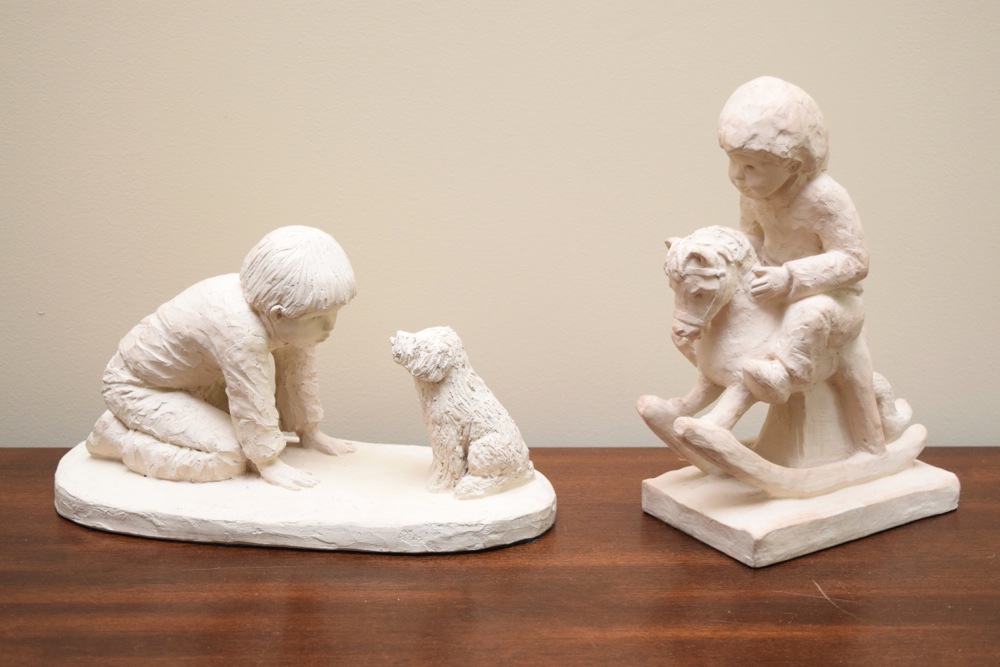Pair of Children at Play Clay Sculptures