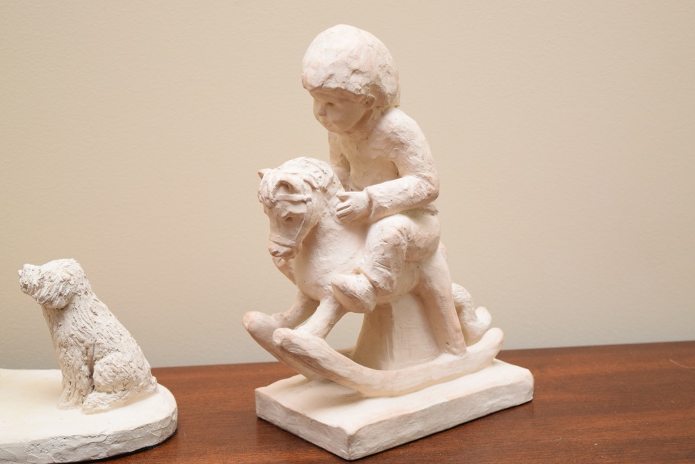Pair of Children at Play Clay Sculptures