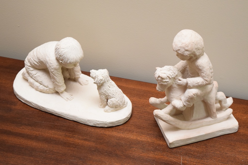 Pair of Children at Play Clay Sculptures