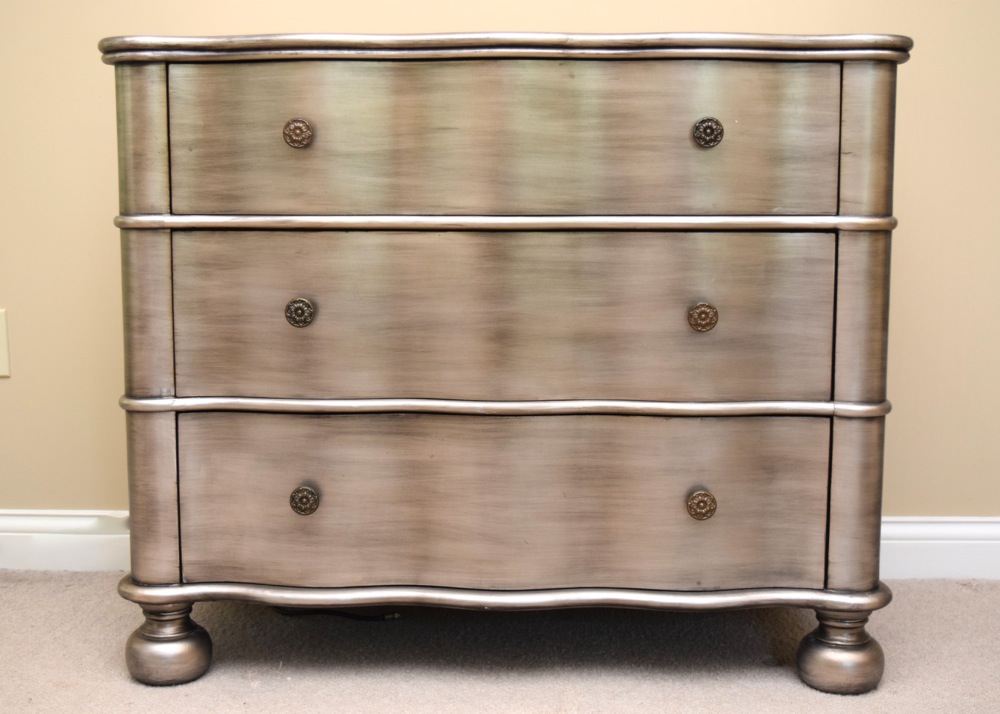 Antiqued Silver Tone Finish Serpentine Chest of Drawers