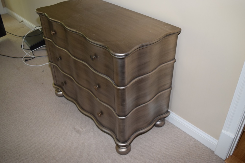 Antiqued Silver Tone Finish Serpentine Chest of Drawers