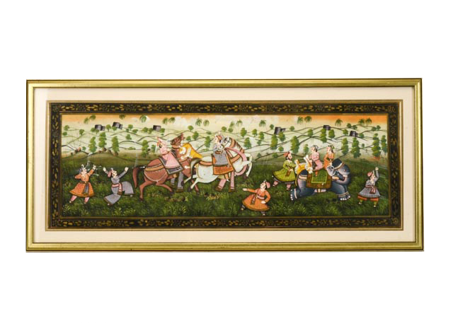 Indian Mughal Painting on Silk, "The Tiger Hunt"