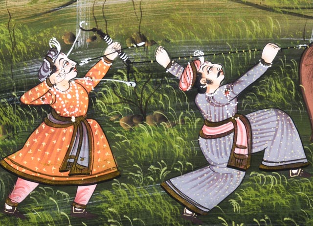 Indian Mughal Painting on Silk, "The Tiger Hunt"