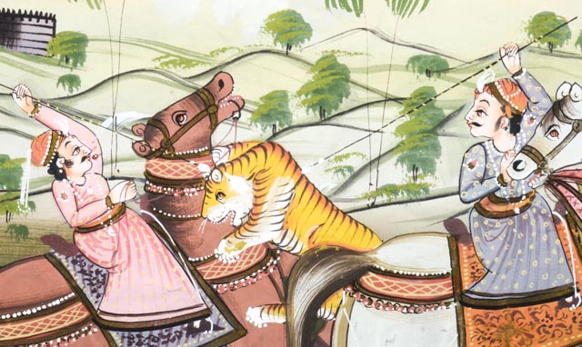 Indian Mughal Painting on Silk, "The Tiger Hunt"