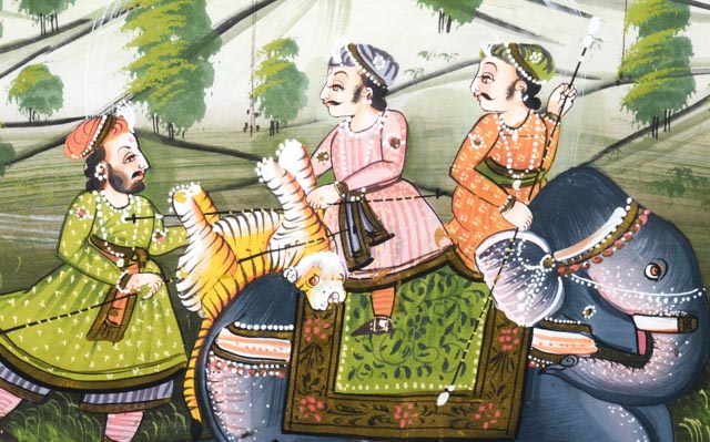Indian Mughal Painting on Silk, "The Tiger Hunt"