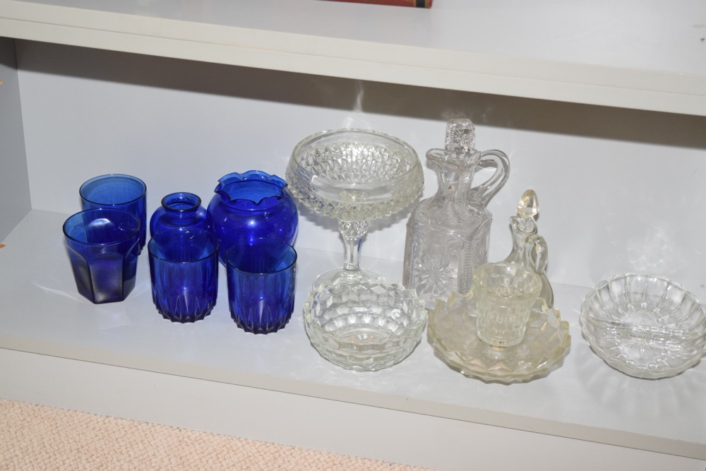 Collection of Vintage Clear and Cobalt Glass