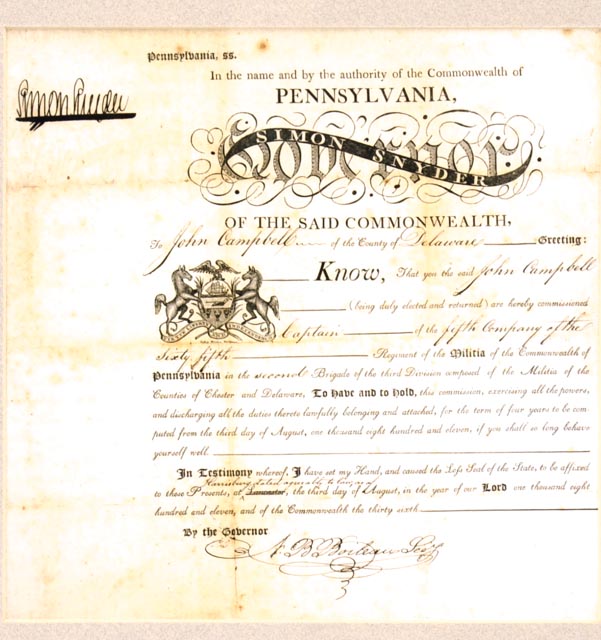 Reproduction 1811 Pennsylvania Militia Captain's Commission