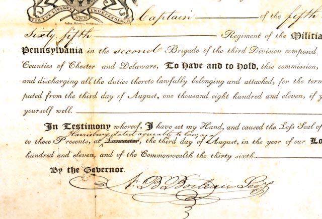 Reproduction 1811 Pennsylvania Militia Captain's Commission