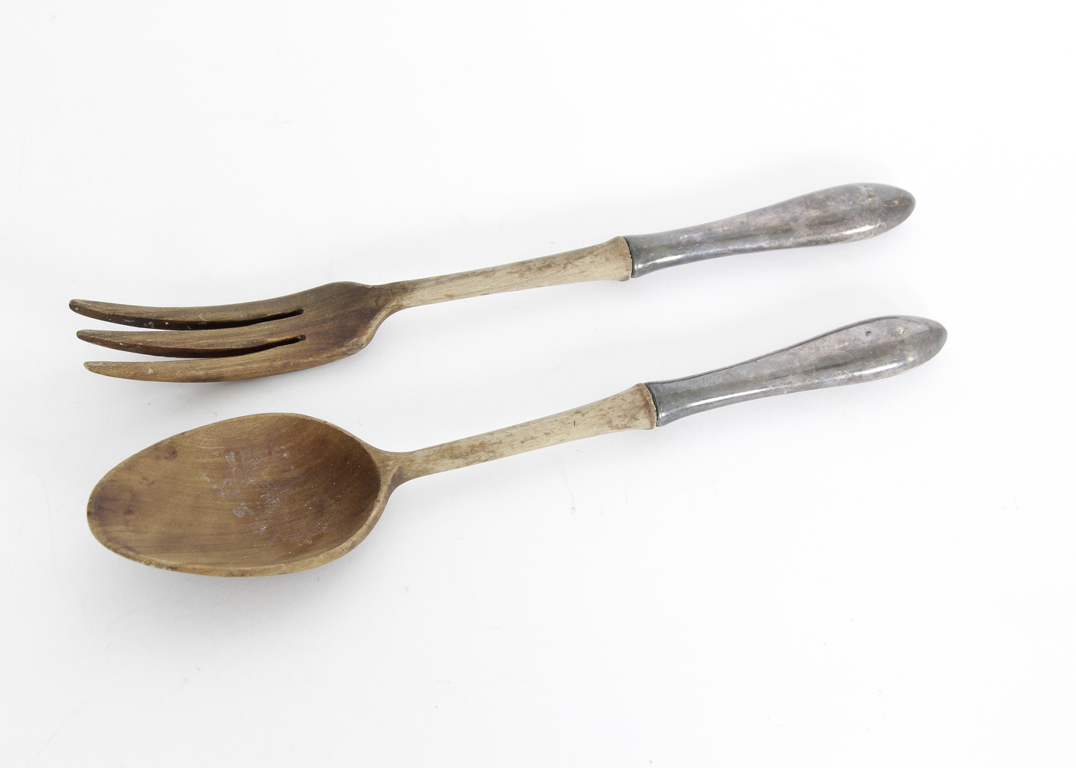 Antique Wood and Silver Plate Salad Tongs