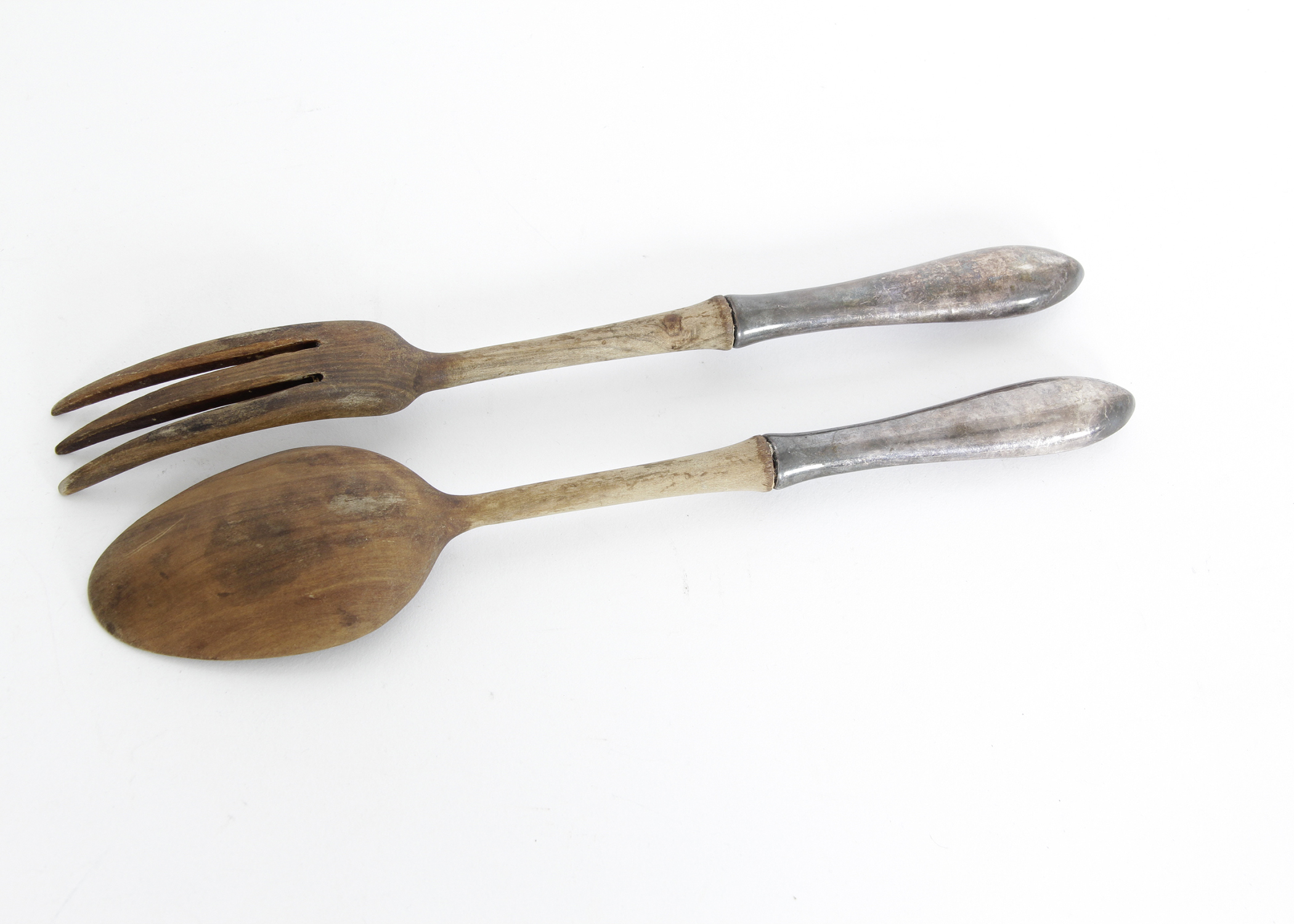 Antique Wood and Silver Plate Salad Tongs