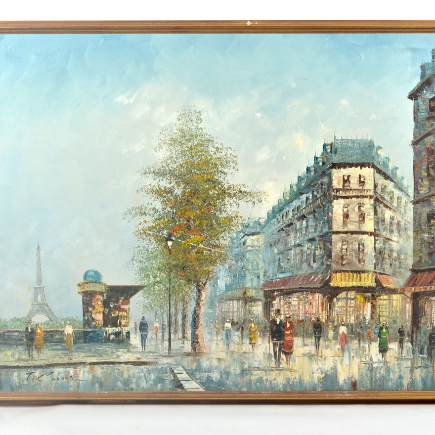 T. Carson Signed Parisian Street Scene Oil Painting