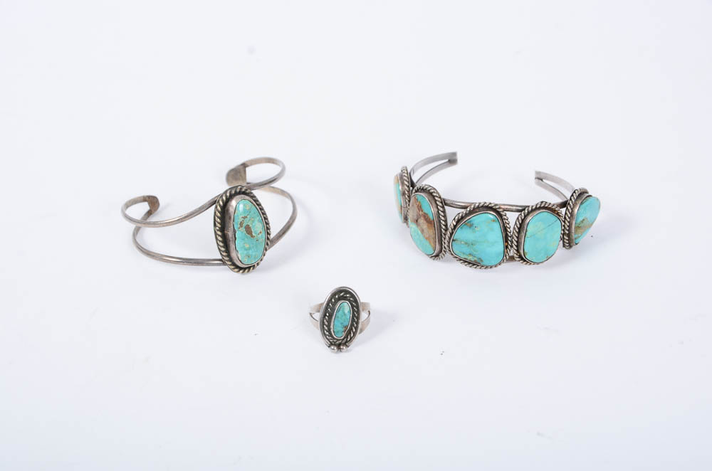 Vintage Navajo Style Turquiose and Silver Bracelets and Ring