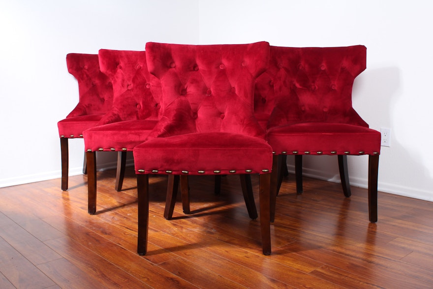 Set of Six Red Velvet Dining Chairs