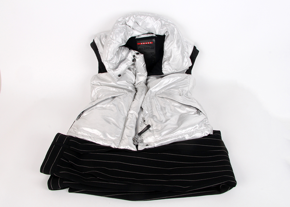 Prada Puffer Vest and Pinstripe Escada Trousers