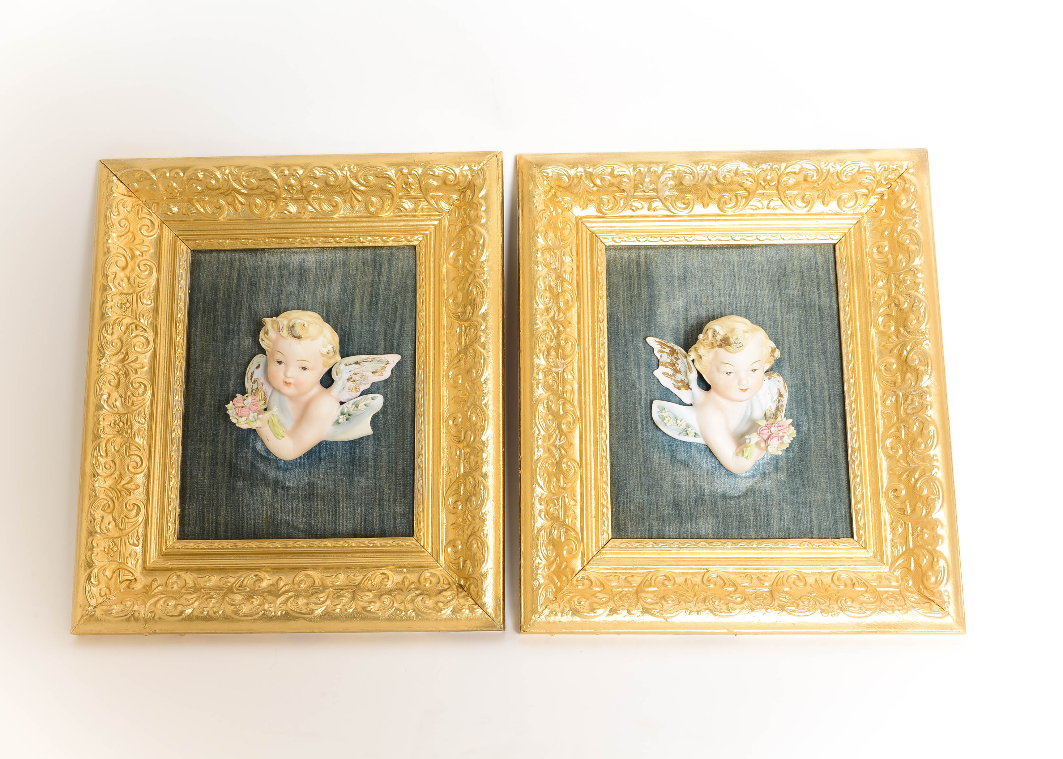 Pair of Antique Framed Bisque Cherubs