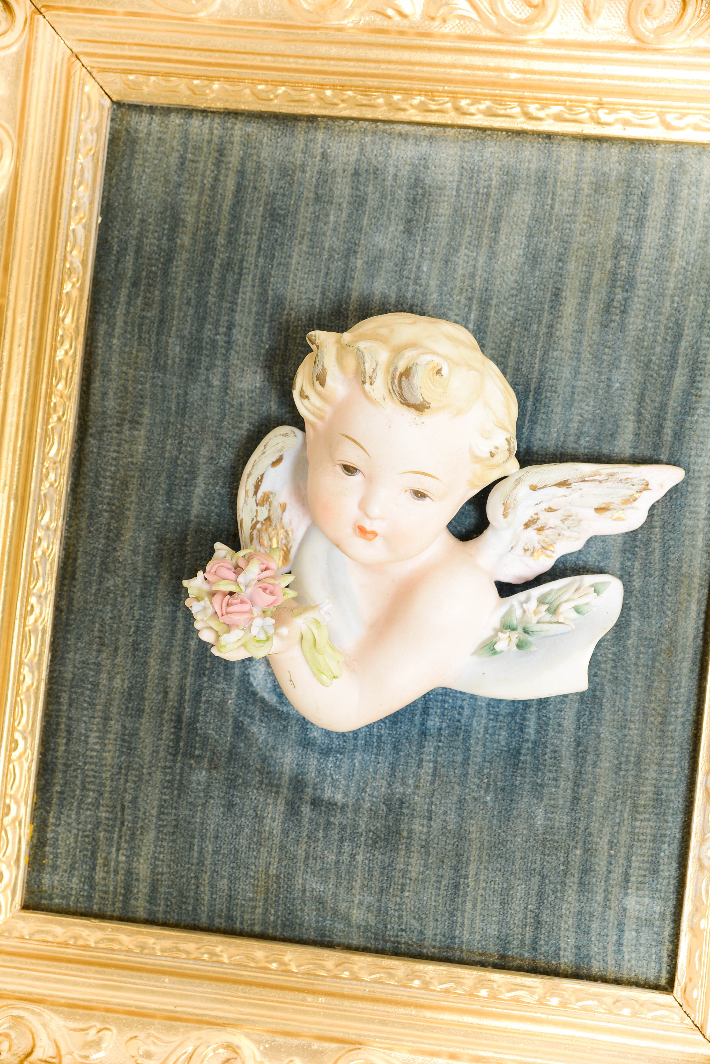Pair of Antique Framed Bisque Cherubs