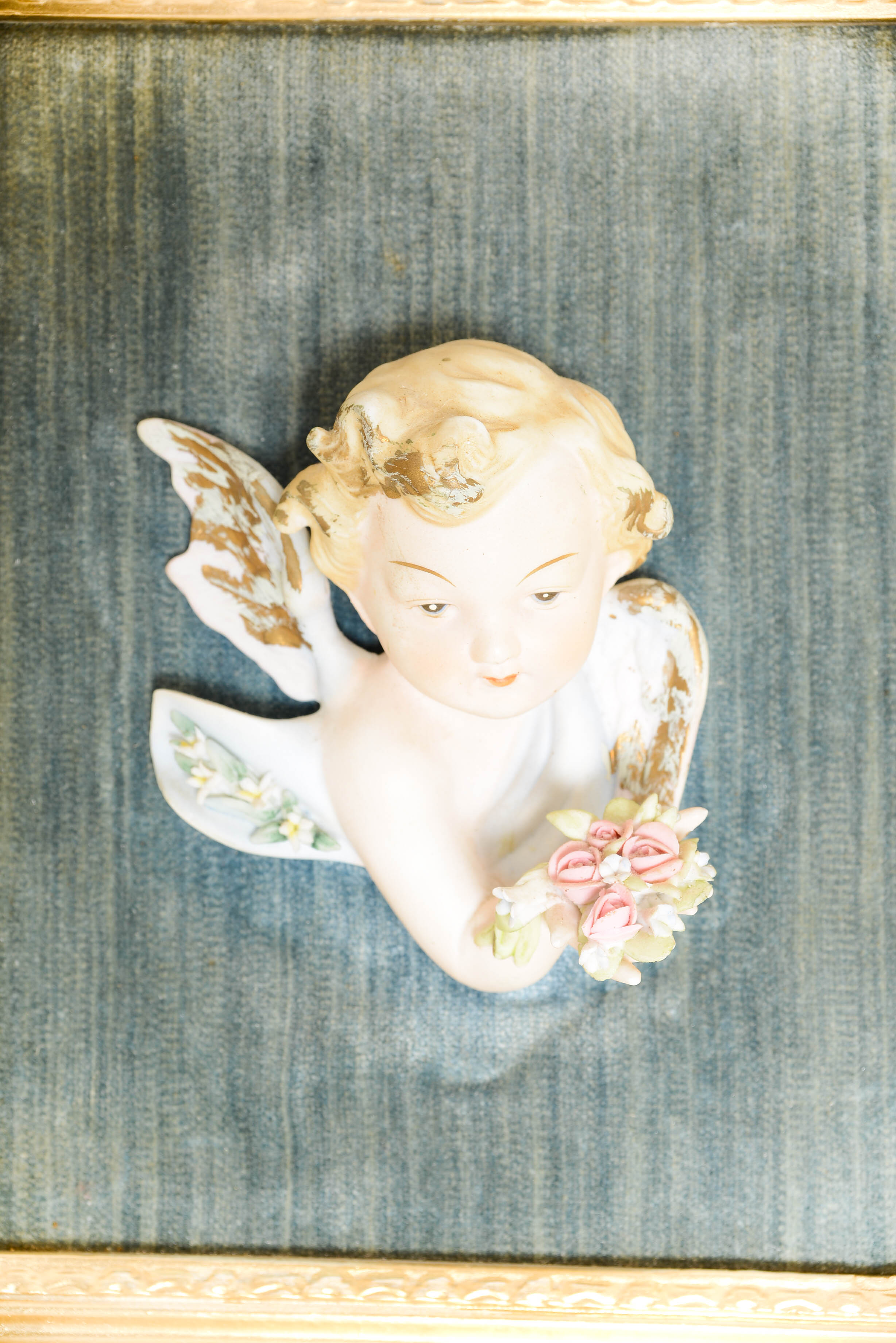 Pair of Antique Framed Bisque Cherubs