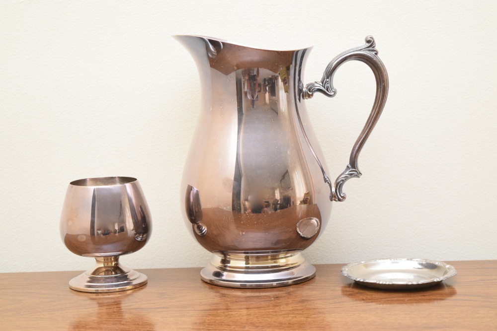 Vintage Silver Plate Pitcher, Snifter and Etched Saucer