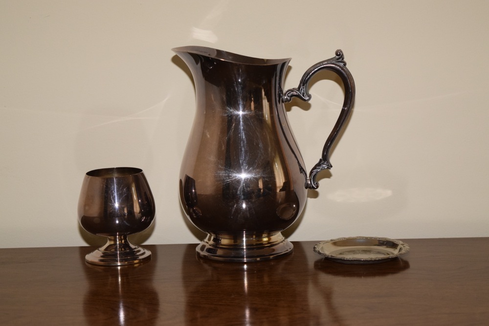 Vintage Silver Plate Pitcher, Snifter and Etched Saucer