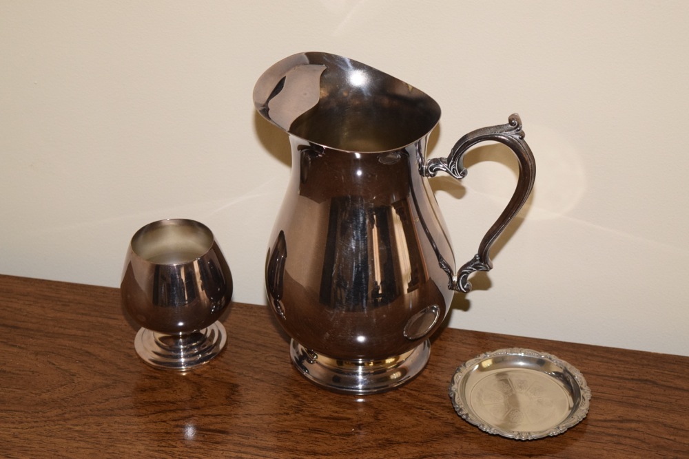 Vintage Silver Plate Pitcher, Snifter and Etched Saucer