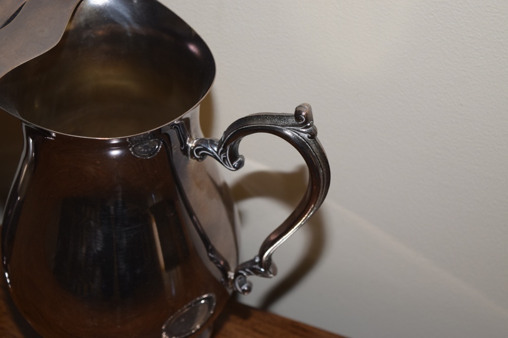 Vintage Silver Plate Pitcher, Snifter and Etched Saucer